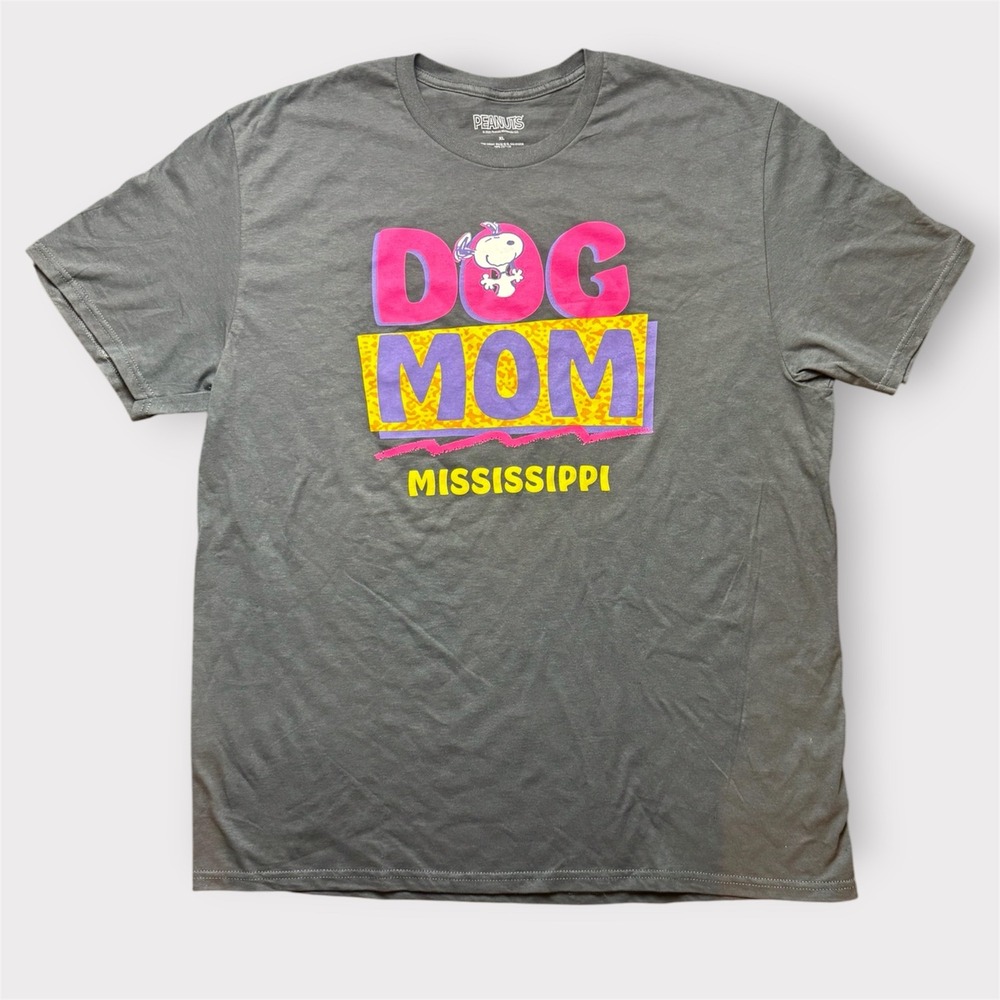 Peanuts Snoopy Dog Mom‎ Mississippi T-Shirt XL Gray Graphic Tee Neon 90s Style